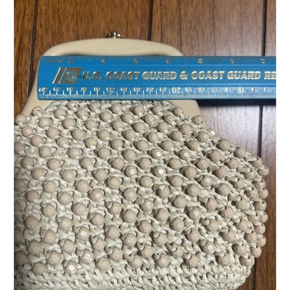 Gaymode Italy Purse Raffia Beaded Cream Beige Celluloid Handle 8” x 8” Clean - Picture 16 of 16